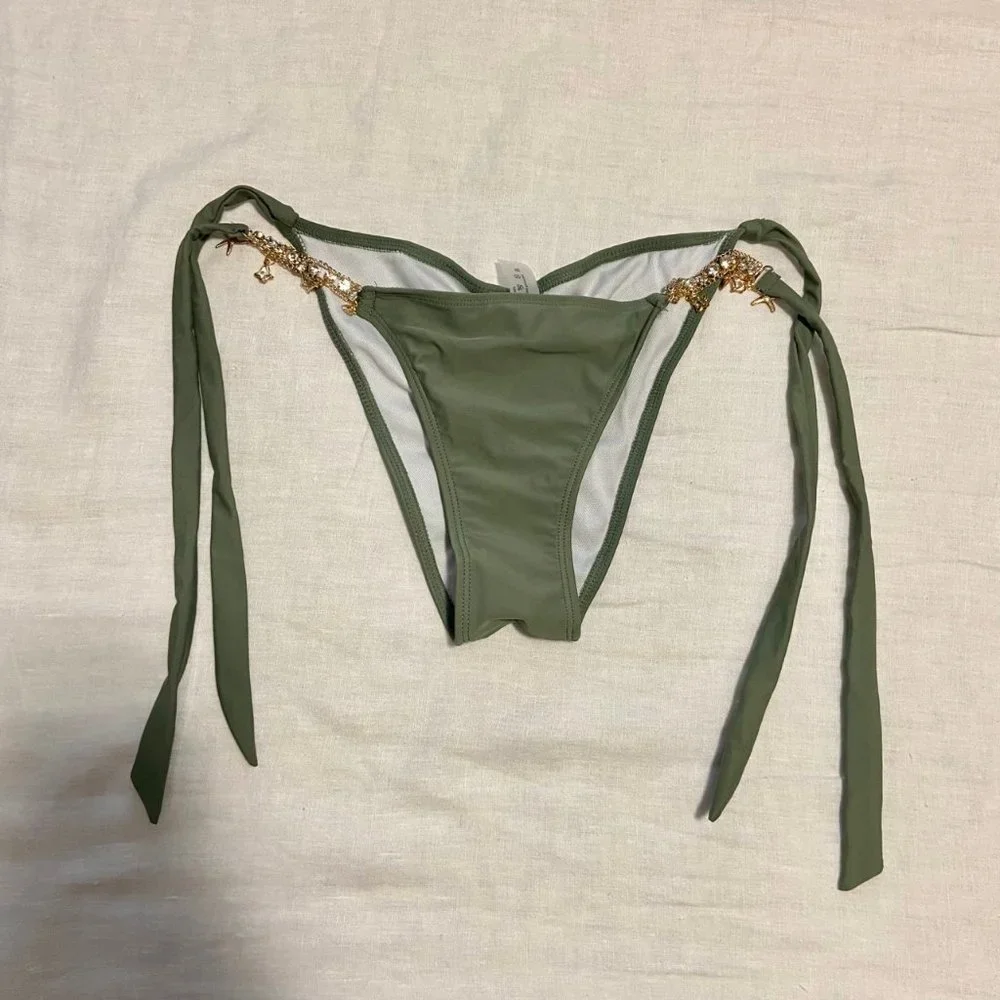 Shein Rhinestone Chain Linked Tie Side Bikini Swimsuit in Army Green (2 pc set) - Picture 9 of 12